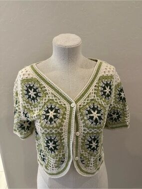 Green and White Crocheted Button-Front Women's Cardigan